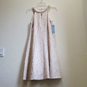 Ivory and Champagne Embroidered London Times A Line Dress with Pearl Accents NWT